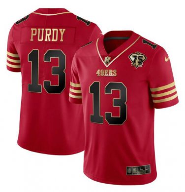 Women's San Francisco 49ers #13 Brock Purdy Red Gold With 75th Patch Stitched Football Jersey Women's San Francisco 49ers #13 Brock Purdy Red Gold With 75th Patch Stitched Football Jersey
