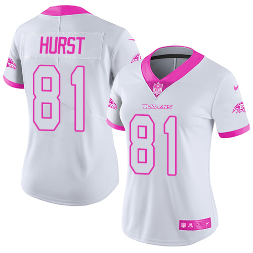 Nike Ravens #81 Hayden Hurst White/Pink Women's Stitched NFL Limited Rush Fashion Jersey Nike Ravens #81 Hayden Hurst White/Pink Women's Stitched NFL Limited Rush Fashion Jersey