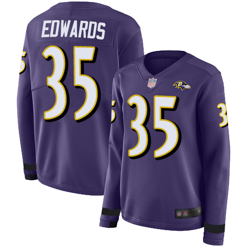 Nike Ravens #35 Gus Edwards Purple Team Color Women's Stitched NFL Limited Therma Long Sleeve Jersey Nike Ravens #35 Gus Edwards Purple Team Color Women's Stitched NFL Limited Therma Long Sleeve Jersey