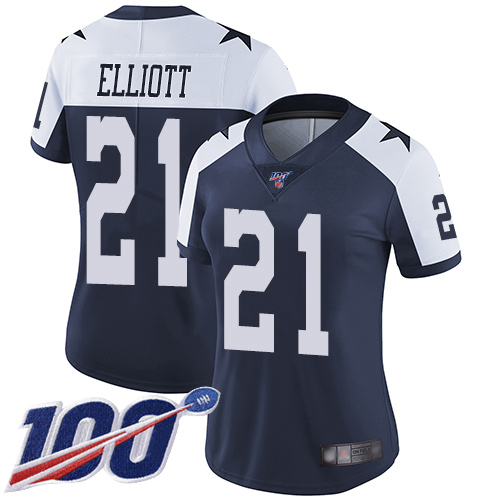 Nike Cowboys #21 Ezekiel Elliott Navy Blue Thanksgiving Women's Stitched NFL 100th Season Vapor Throwback Limited Jersey Nike Cowboys #21 Ezekiel Elliott Navy Blue Thanksgiving Women's Stitched NFL 100th Season Vapor Throwback Limited Jersey