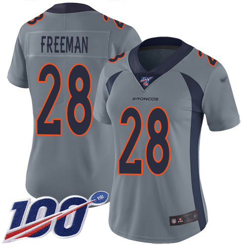 Nike Broncos #28 Royce Freeman Gray Women's Stitched NFL Limited Inverted Legend 100th Season Jersey Nike Broncos #28 Royce Freeman Gray Women's Stitched NFL Limited Inverted Legend 100th Season Jersey