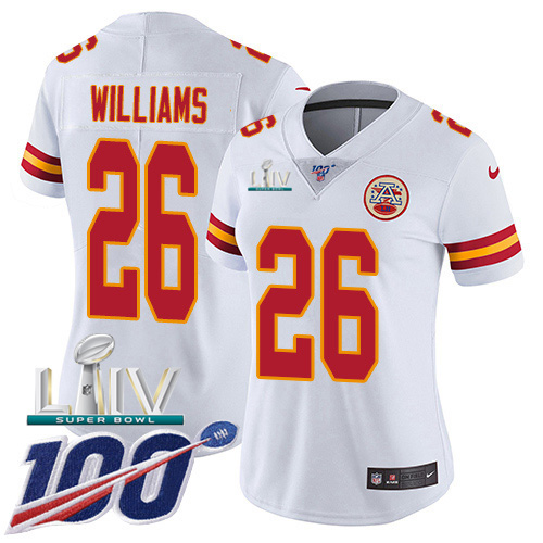 Nike Chiefs #26 Damien Williams White Super Bowl LIV 2020 Women's Stitched NFL 100th Season Vapor Untouchable Limited Jersey Nike Chiefs #26 Damien Williams White Super Bowl LIV 2020 Women's Stitched NFL 100th Season Vapor Untouchable Limited Jersey