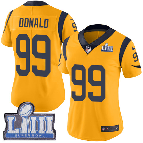 Nike Rams #99 Aaron Donald Gold Super Bowl LIII Bound Women's Stitched NFL Limited Rush Jersey Nike Rams #99 Aaron Donald Gold Super Bowl LIII Bound Women's Stitched NFL Limited Rush Jersey