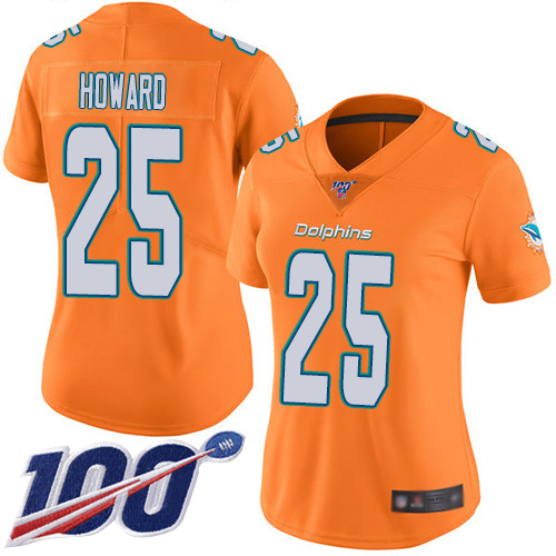 Nike Dolphins #25 Xavien Howard Orange Women's Stitched NFL Limited Rush 100th Season Jersey Nike Dolphins #25 Xavien Howard Orange Women's Stitched NFL Limited Rush 100th Season Jersey