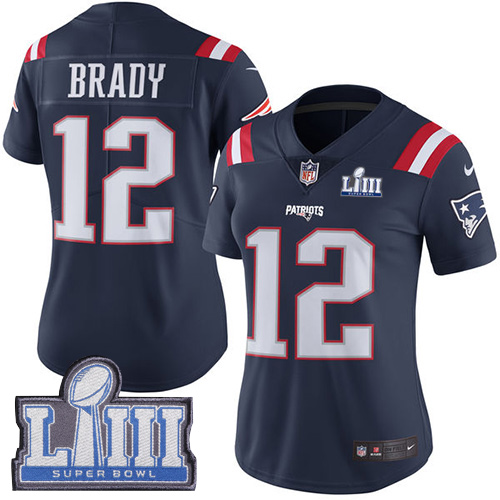 Nike Patriots #12 Tom Brady Navy Blue Super Bowl LIII Bound Women's Stitched NFL Limited Rush Jersey Nike Patriots #12 Tom Brady Navy Blue Super Bowl LIII Bound Women's Stitched NFL Limited Rush Jersey
