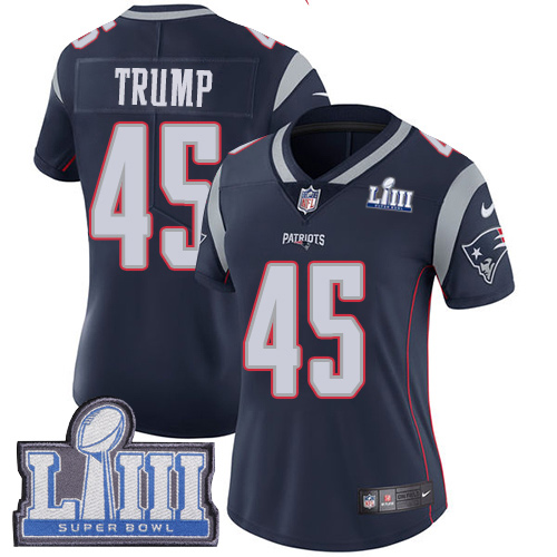 Nike Patriots #45 Donald Trump Navy Blue Team Color Super Bowl LIII Bound Women's Stitched NFL Vapor Untouchable Limited Jersey Nike Patriots #45 Donald Trump Navy Blue Team Color Super Bowl LIII Bound Women's Stitched NFL Vapor Untouchable Limited Jersey
