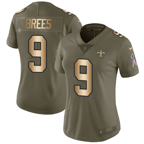 Nike Saints #9 Drew Brees Olive/Gold Women's Stitched NFL Limited 2017 Salute to Service Jersey Nike Saints #9 Drew Brees Olive/Gold Women's Stitched NFL Limited 2017 Salute to Service Jersey