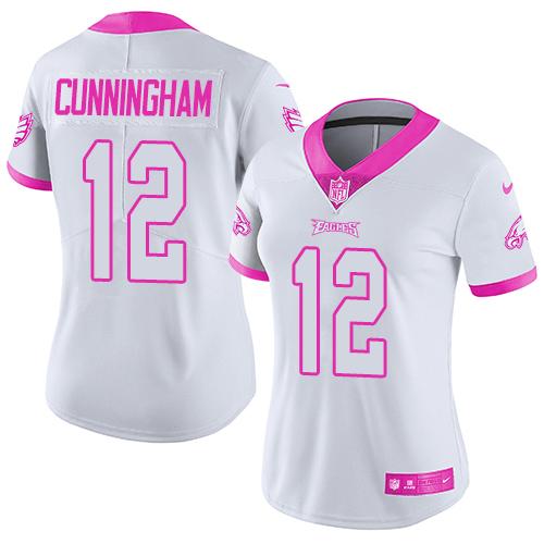 Nike Eagles #12 Randall Cunningham White/Pink Women's Stitched NFL Limited Rush Fashion Jersey Nike Eagles #12 Randall Cunningham White/Pink Women's Stitched NFL Limited Rush Fashion Jersey