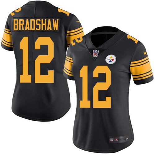 Nike Steelers #12 Terry Bradshaw Black Women's Stitched NFL Limited Rush Jersey Nike Steelers #12 Terry Bradshaw Black Women's Stitched NFL Limited Rush Jersey