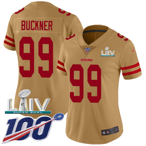 Nike 49ers #99 DeForest Buckner Gold Super Bowl LIV 2020 Women's Stitched NFL Limited Inverted Legend 100th Season Jersey Nike 49ers #99 DeForest Buckner Gold Super Bowl LIV 2020 Women's Stitched NFL Limited Inverted Legend 100th Season Jersey