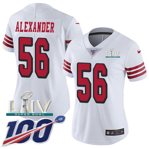 Nike 49ers #56 Kwon Alexander White Super Bowl LIV 2020 Rush Women's Stitched NFL Limited 100th Season Jersey Nike 49ers #56 Kwon Alexander White Super Bowl LIV 2020 Rush Women's Stitched NFL Limited 100th Season Jersey