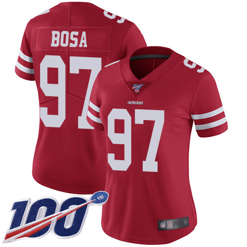 Nike 49ers #97 Nick Bosa Red Team Color Women's Stitched NFL 100th Season Vapor Limited Jersey Nike 49ers #97 Nick Bosa Red Team Color Women's Stitched NFL 100th Season Vapor Limited Jersey