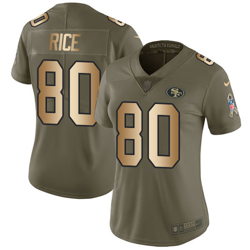 Nike 49ers #80 Jerry Rice Olive/Gold Women's Stitched NFL Limited 2017 Salute to Service Jersey Nike 49ers #80 Jerry Rice Olive/Gold Women's Stitched NFL Limited 2017 Salute to Service Jersey