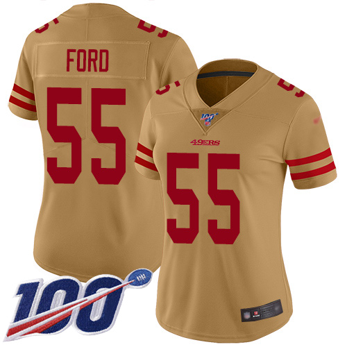 Nike 49ers #55 Dee Ford Gold Women's Stitched NFL Limited Inverted Legend 100th Season Jersey Nike 49ers #55 Dee Ford Gold Women's Stitched NFL Limited Inverted Legend 100th Season Jersey