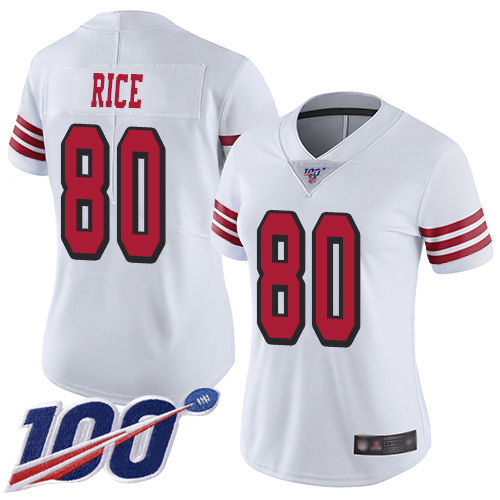 Nike 49ers #80 Jerry Rice White Rush Women's Stitched NFL Limited 100th Season Jersey Nike 49ers #80 Jerry Rice White Rush Women's Stitched NFL Limited 100th Season Jersey