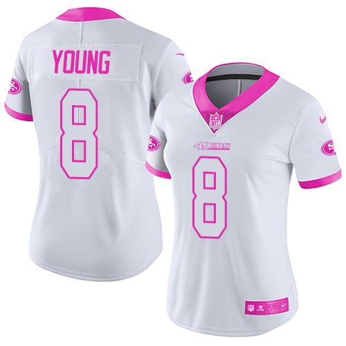 Nike 49ers #8 Steve Young White/Pink Women's Stitched NFL Limited Rush Fashion Jersey Nike 49ers #8 Steve Young White/Pink Women's Stitched NFL Limited Rush Fashion Jersey