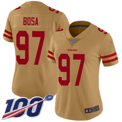 Nike 49ers #97 Nick Bosa Gold Women's Stitched NFL Limited Inverted Legend 100th Season Jersey Nike 49ers #97 Nick Bosa Gold Women's Stitched NFL Limited Inverted Legend 100th Season Jersey