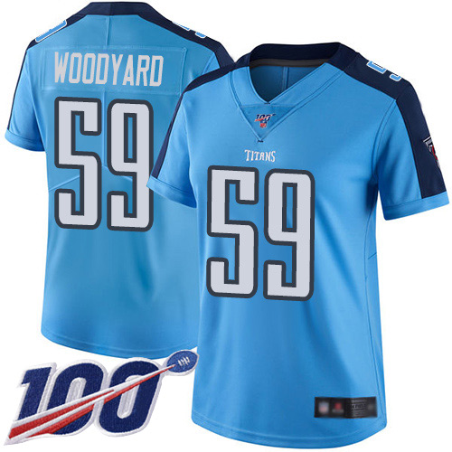 Nike Titans #59 Wesley Woodyard Light Blue Women's Stitched NFL Limited Rush 100th Season Jersey Nike Titans #59 Wesley Woodyard Light Blue Women's Stitched NFL Limited Rush 100th Season Jersey