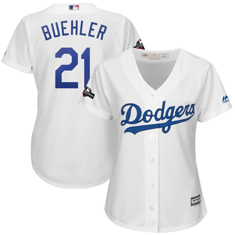 Los Angeles Dodgers #21 Walker Buehler Majestic Women's 2019 Postseason Home Official Cool Base Player Jersey White Los Angeles Dodgers #21 Walker Buehler Majestic Women's 2019 Postseason Home Official Cool Base Player Jersey White