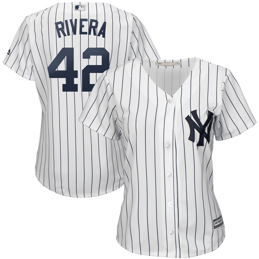 New York Yankees #42 Mariano Rivera Majestic Women's 2019 Hall of Fame Cool Base Player Jersey White Navy New York Yankees #42 Mariano Rivera Majestic Women's 2019 Hall of Fame Cool Base Player Jersey White Navy