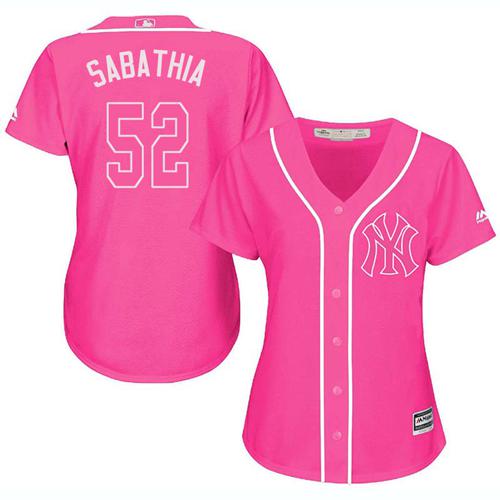 Yankees #52 C.C. Sabathia Pink Fashion Women's Stitched MLB Jersey Yankees #52 C.C. Sabathia Pink Fashion Women's Stitched MLB Jersey