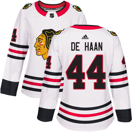 Adidas Blackhawks #44 Calvin De Haan White Road Authentic Women's Stitched NHL Jersey