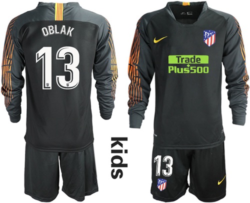 Atletico Madrid #13 Oblak Black Goalkeeper Long Sleeves Kid Soccer Club Jersey Atletico Madrid #13 Oblak Black Goalkeeper Long Sleeves Kid Soccer Club Jersey