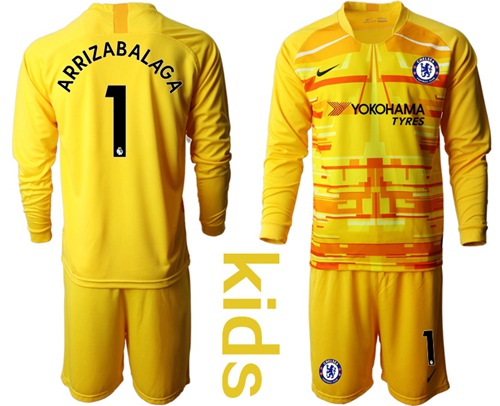 Chelsea #1 Arrizabalaga Yellow Goalkeeper Long Sleeves Kid Soccer Club Jersey Chelsea #1 Arrizabalaga Yellow Goalkeeper Long Sleeves Kid Soccer Club Jersey