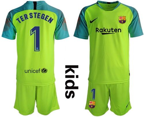 Barcelona #1 Ter Stegen Shiny Green Goalkeeper Kid Soccer Club Jersey Barcelona #1 Ter Stegen Shiny Green Goalkeeper Kid Soccer Club Jersey