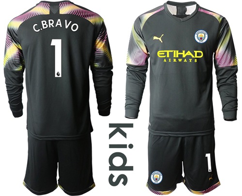 Manchester City #1 C.Bravo Black Goalkeeper Long Sleeves Kid Soccer Club Jersey Manchester City #1 C.Bravo Black Goalkeeper Long Sleeves Kid Soccer Club Jersey