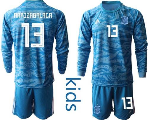 Spain #13 Arrizabalaga Blue Long Sleeves Goalkeeper Kid Soccer Country Jersey Spain #13 Arrizabalaga Blue Long Sleeves Goalkeeper Kid Soccer Country Jersey