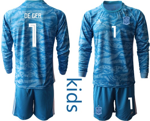 Spain #1 De Gea Blue Long Sleeves Goalkeeper Kid Soccer Country Jersey