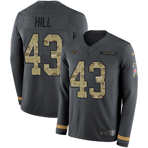 Nike Ravens #43 Justice Hill Anthracite Salute to Service Youth Stitched NFL Limited Therma Long Sleeve Jersey Nike Ravens #43 Justice Hill Anthracite Salute to Service Youth Stitched NFL Limited Therma Long Sleeve Jersey