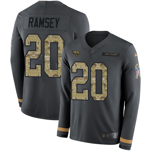 Nike Jaguars #20 Jalen Ramsey Anthracite Salute to Service Youth Stitched NFL Limited Therma Long Sleeve Jersey Nike Jaguars #20 Jalen Ramsey Anthracite Salute to Service Youth Stitched NFL Limited Therma Long Sleeve Jersey