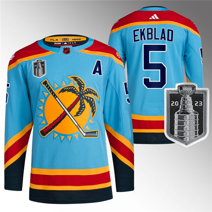 Men's Florida Panthers #5 Aaron Ekblad Blue 2023 Stanley Cup Final Reverse Retro Stitched Jersey Men's Florida Panthers #5 Aaron Ekblad Blue 2023 Stanley Cup Final Reverse Retro Stitched Jersey
