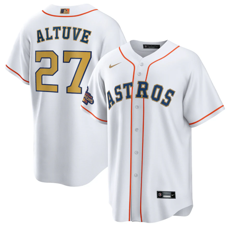 Men's Houston Astros #27 Jose Altuve White 2023 Gold Collection With World Serise Champions Patch Cool Base Stitched Baseball Jersey Men's Houston Astros #27 Jose Altuve White 2023 Gold Collection With World Serise Champions Patch Cool Base Stitched Baseball Jersey