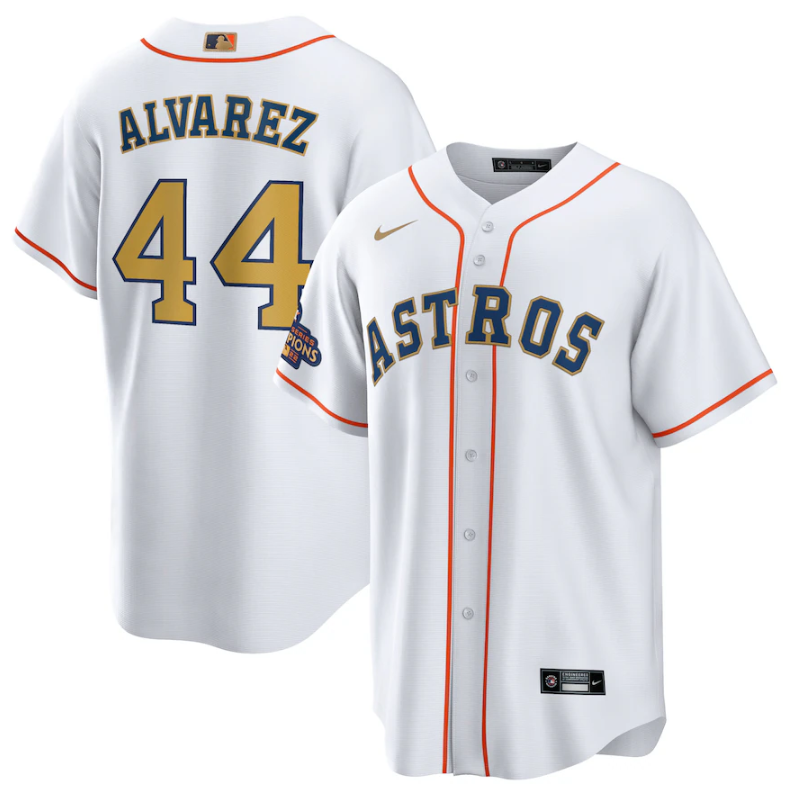 Men's Houston Astros #44 Yordan Alvarez White 2023 Gold Collection With World Serise Champions Patch Cool Base Stitched Baseball Jersey Men's Houston Astros #44 Yordan Alvarez White 2023 Gold Collection With World Serise Champions Patch Cool Base Stitched Baseball Jersey