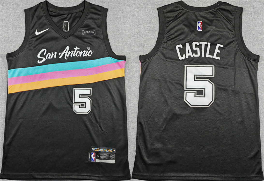 Men's San Antonio Spurs #5 Stephon Castle Black 2025-26 City Edition Stitched Basketball Jersey Men's San Antonio Spurs #5 Stephon Castle Black 2025-26 City Edition Stitched Basketball Jersey