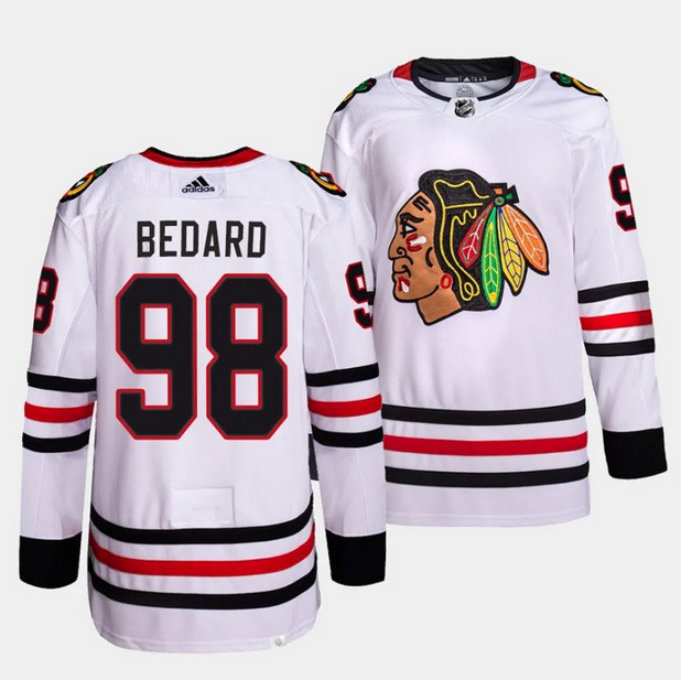 Men's Chicago Blackhawks #98 Connor Bedard White Stitched Hockey Jersey Men's Chicago Blackhawks #98 Connor Bedard White Stitched Hockey Jersey