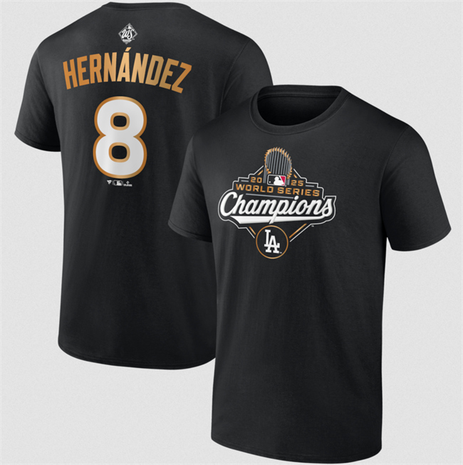 Men's Los Angeles Dodgers #8 Enrique Hernández Black 2025 World Series Champions Name & Number T-Shirt Men's Los Angeles Dodgers #8 Enrique Hernández Black 2025 World Series Champions Name & Number T-Shirt