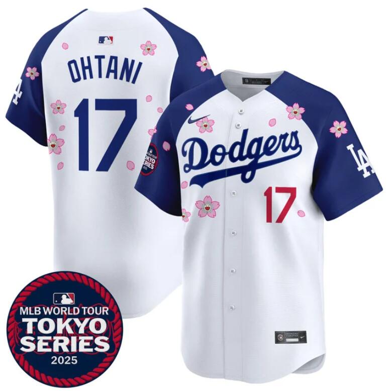 Men's Los Angeles Dodgers #17 Shohei Ohtani White/Royal 2025 Tokyo Series Limited Stitched Baseball Jersey