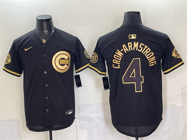 Men's Chicago Cubs #4 Pete Crow-Armstrong Black/Gold 150th Anniversary Patch Stitched Baseball Jersey