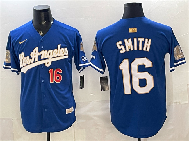 Men's Los Angeles Dodgers #16 Will Smith Royal 2026 Gold Collection 9x & B2B Champs Patch Stitched Baseball Jersey Men's Los Angeles Dodgers #16 Will Smith Royal 2026 Gold Collection 9x & B2B Champs Patch Stitched Baseball Jersey
