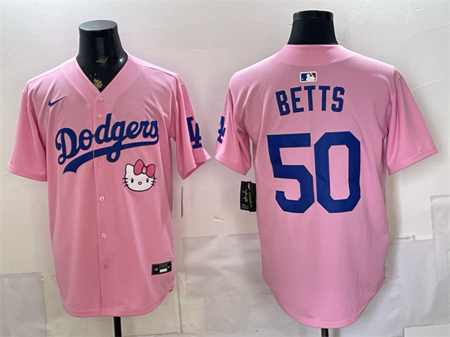 Men's Los Angeles Dodgers #50 Mookie Betts Pink 2025 Hello Kitty Vapor Limited Stitched Baseball Jersey Men's Los Angeles Dodgers #50 Mookie Betts Pink 2025 Hello Kitty Vapor Limited Stitched Baseball Jersey
