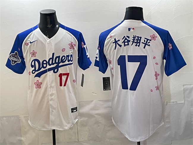 Men's Los Angeles Dodgers #17 大谷翔平 White/Royal 2025 World Series Champions Patch Tokyo Series Limited Stitched Baseball Jersey