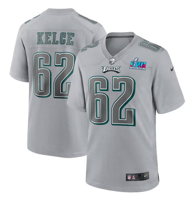 Women's Philadelphia Eagles #62 Jason Kelce Grey Super Bowl LVII Patch Atmosphere Fashion Stitched Game Jersey(Run Small) Women's Philadelphia Eagles #62 Jason Kelce Grey Super Bowl LVII Patch Atmosphere Fashion Stitched Game Jersey(Run Small)
