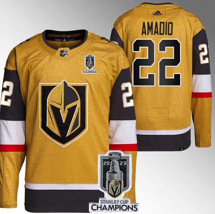 Men's Vegas Golden Knights #22 Michael Amadio Gold 2023 Stanley Cup Champions Stitched Jersey Men's Vegas Golden Knights #22 Michael Amadio Gold 2023 Stanley Cup Champions Stitched Jersey