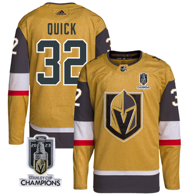 Men's Vegas Golden Knights #32 Jonathan Quick Gold 2023 Stanley Cup Champions Stitched Jersey Men's Vegas Golden Knights #32 Jonathan Quick Gold 2023 Stanley Cup Champions Stitched Jersey