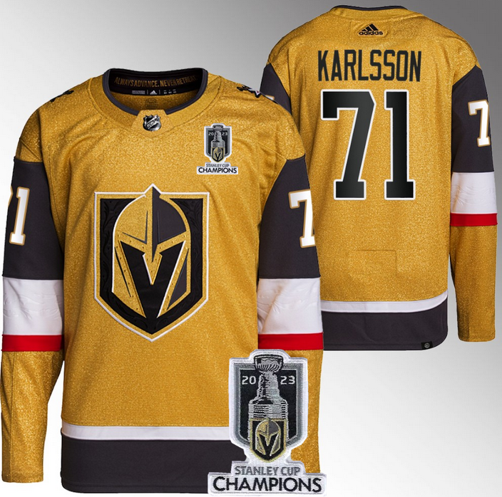 Men's Vegas Golden Knights #71 William Karlsson Gold 2023 Stanley Cup Champions Stitched Jersey Men's Vegas Golden Knights #71 William Karlsson Gold 2023 Stanley Cup Champions Stitched Jersey