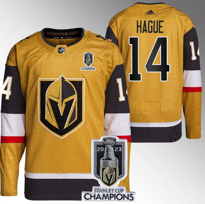 Men's Vegas Golden Knights #14 Nicolas Hague Gold 2023 Stanley Cup Champions Stitched Jersey Men's Vegas Golden Knights #14 Nicolas Hague Gold 2023 Stanley Cup Champions Stitched Jersey
